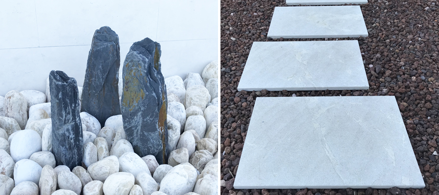 decoración de jardín, pasos y piedra decorativa natural