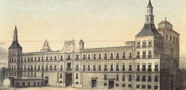 grabado de edificio con cubierta de pizarra natural